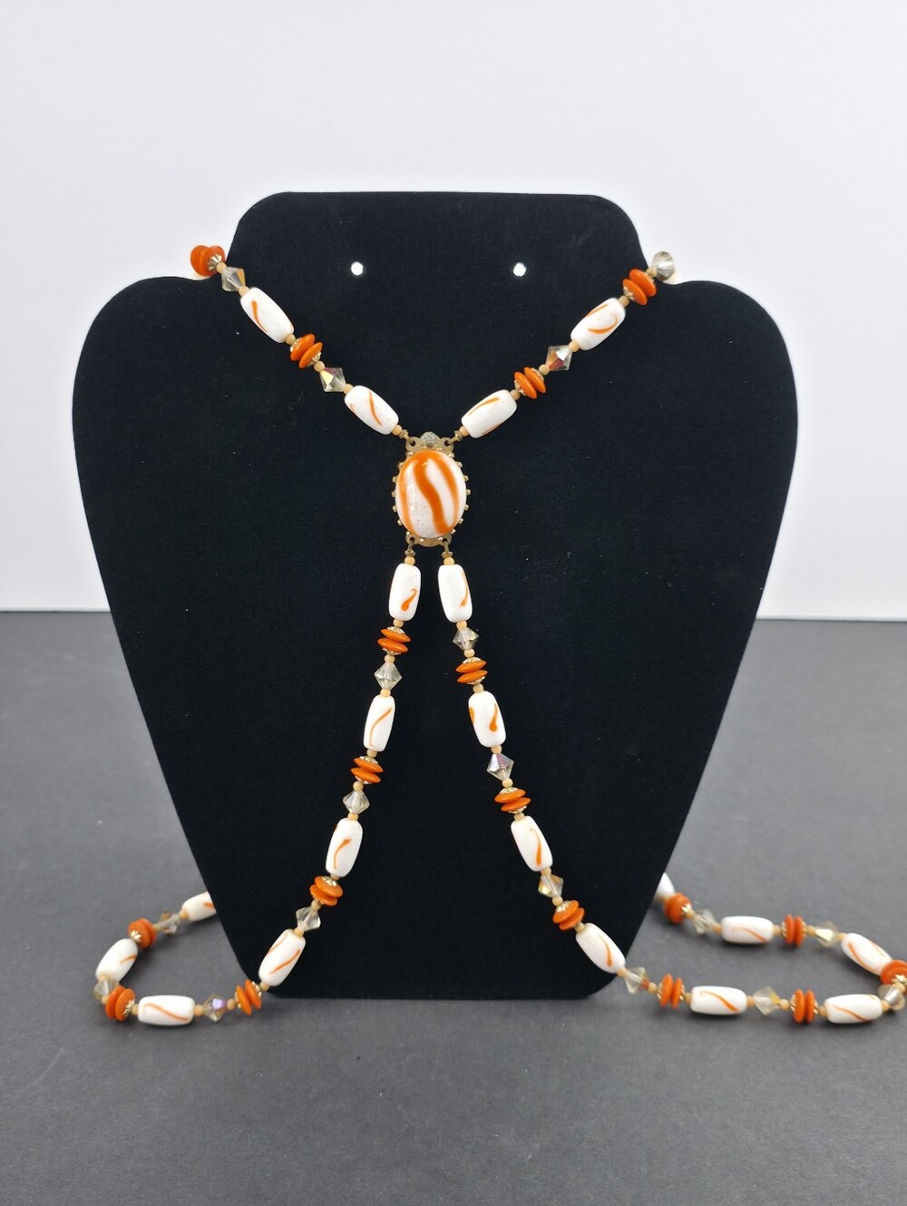Vintage Japan Orange White Art Glass Bead Necklace Double Strand MCM Jewelry